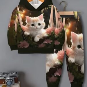 Girls 3D Digital Cartoon Print Hoodie Set