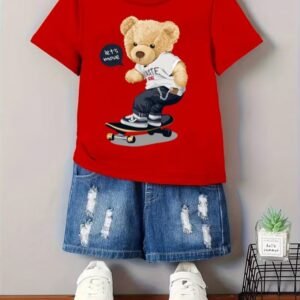 Boys' Cartoon Skateboard Bear Print T-shirt