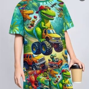 2pcs Boys' Dinosaur Truck Print Short Sleeve