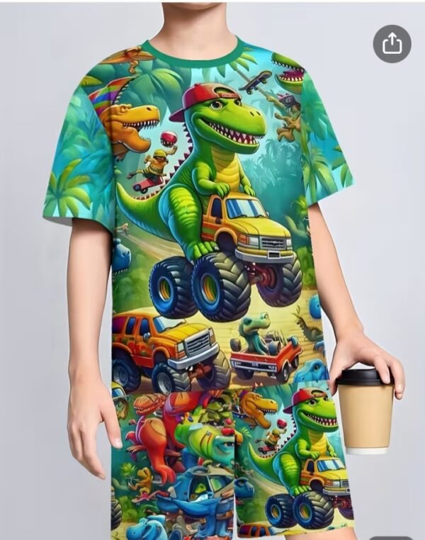 2pcs Boys' Dinosaur Truck Print Short Sleeve