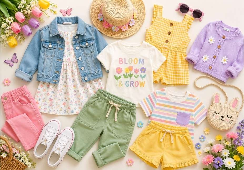 affordable spring kids clothing essentials including tees, joggers, and a hoodie