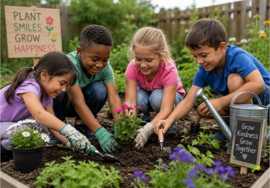 spring gardening activity for kids in comfortable play clothes