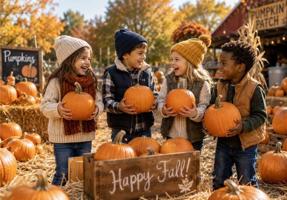 fall pumpkin patch activity for kids dressed in layered autumn clothing