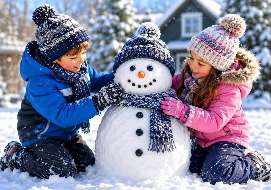 winter activities for kids outdoors wearing insulated coats and snow pants