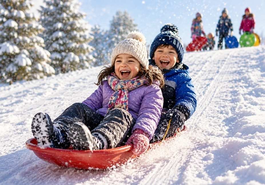 kids in insulated snow suits enjoying winter sledding activity