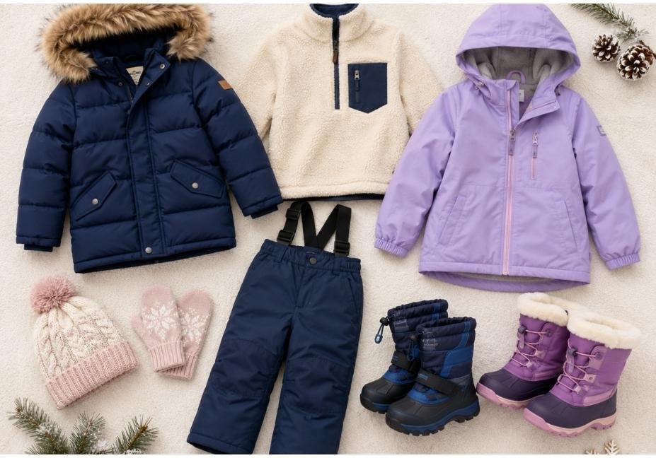 kids' winter clothing flatlay with coats, fleece, and snow boots