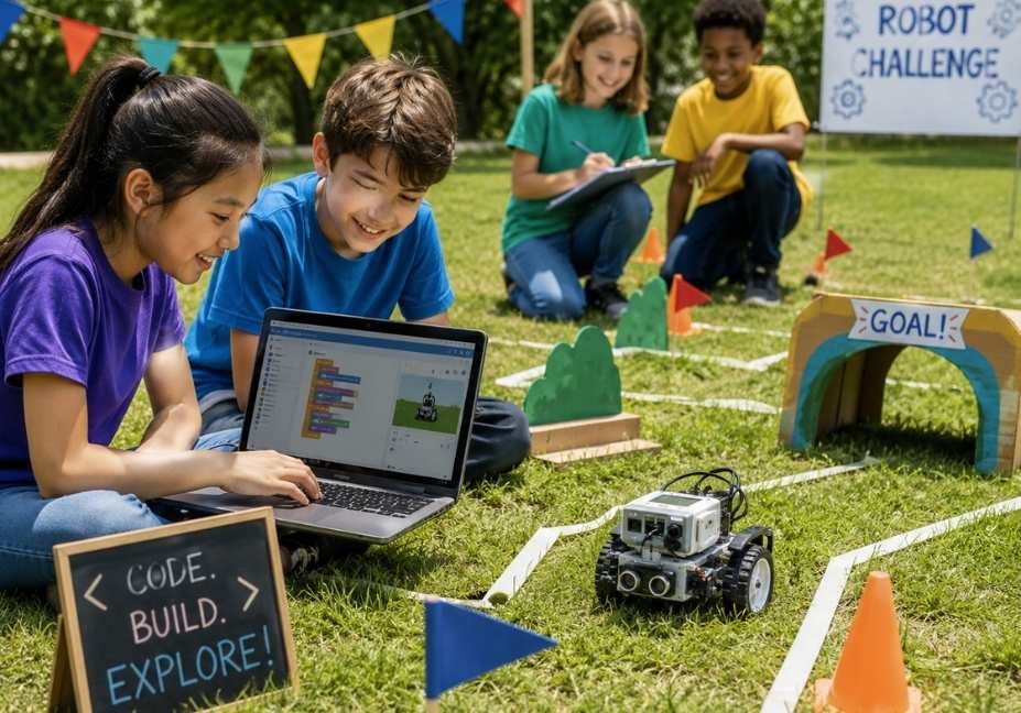 kids doing outdoor STEM robot coding activity in breathable athletic outfits