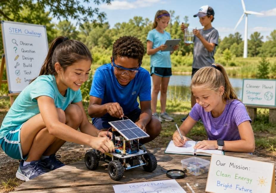 Kids' outdoor STEM tech activities dressed in moisture-wicking kids' clothing from american kids store