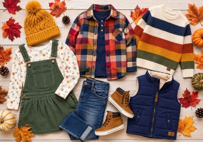 affordable fall kids' clothing essentials including fleece, joggers, and a waterproof jacket