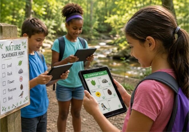 tech activities outdoor for kids using GPS and tablets in comfortable athletic wear