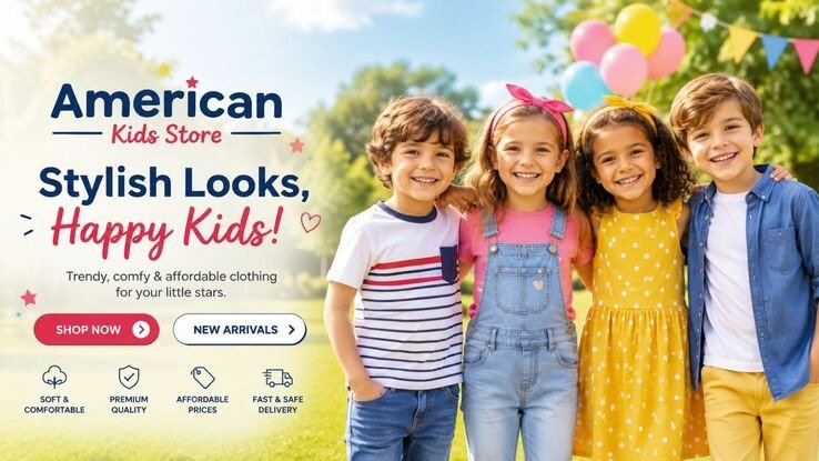 Smiling children wearing colorful clothing outdoors for American Kids Store
