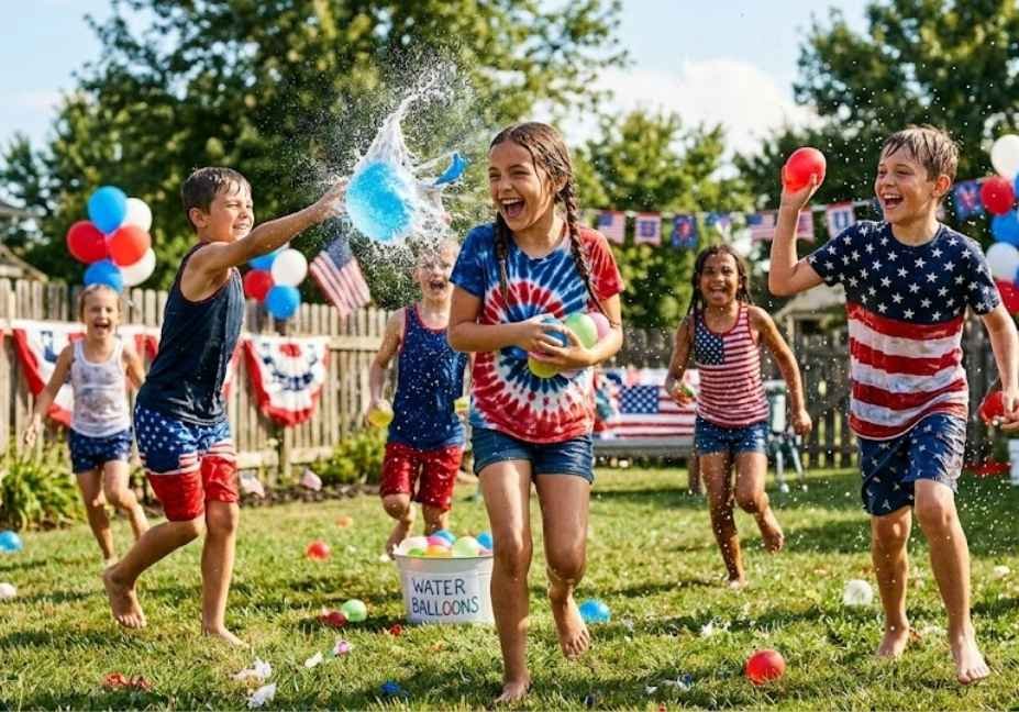 kids 4th of July outdoor activity in breathable patriotic summer clothing