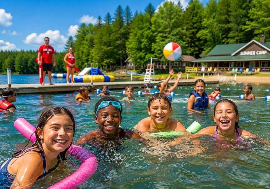 summer camp swimming activity for kids in quick-dry swimwear and UV protective rash guard