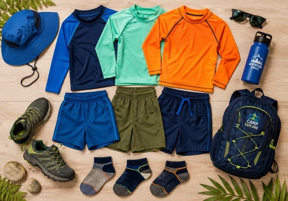 summer camp packing list clothing essentials for kids including moisture-wicking tees and water shoes