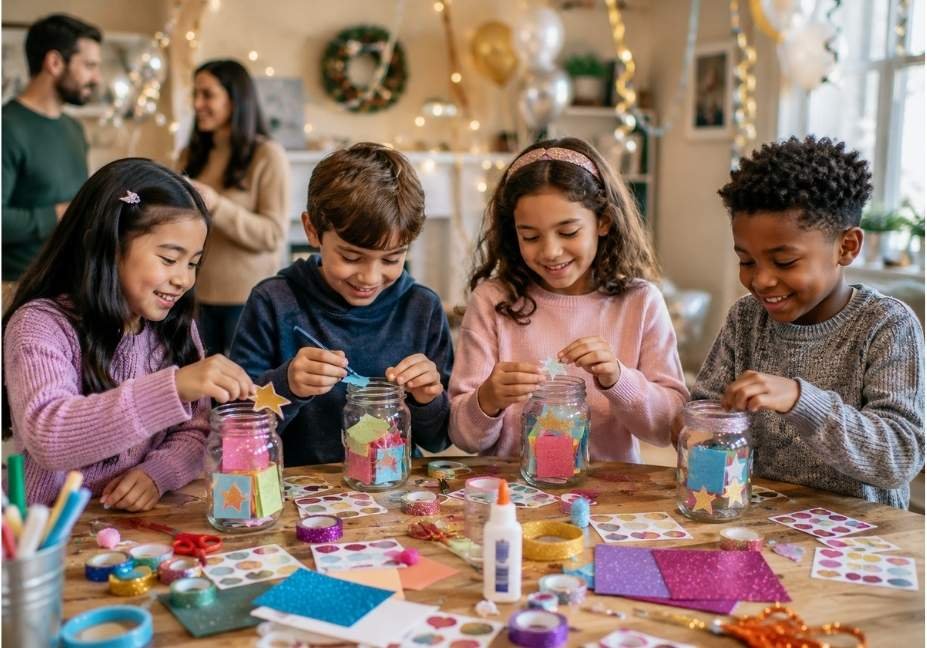 kids New Year's activity wearing cozy festive clothing at home