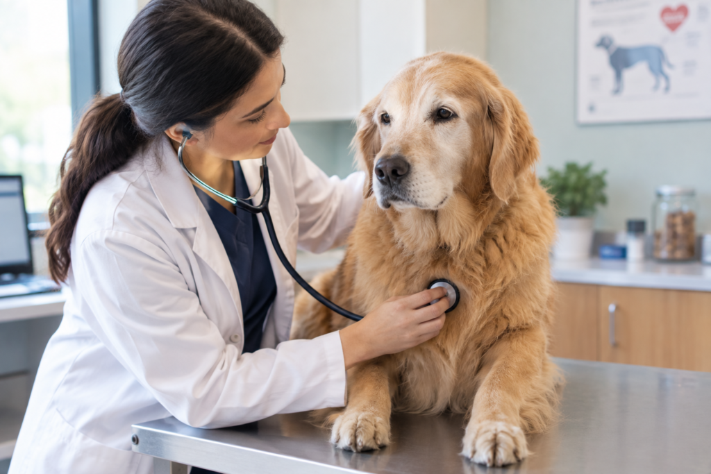 There is a dog at the vet's office, and the senior dog is sitting on a table while a veterinarian is listening to the dog's heart with a stethoscope.