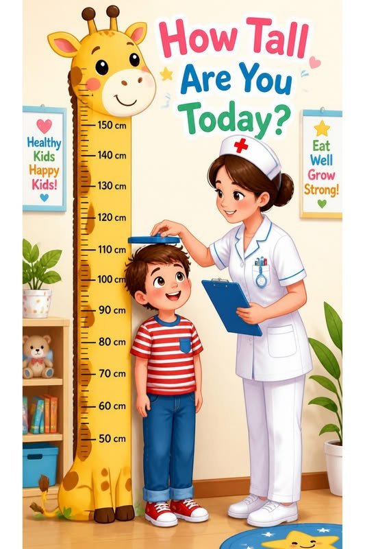 Child standing against a giraffe height chart while being measured, with the text How Tall Are You Today